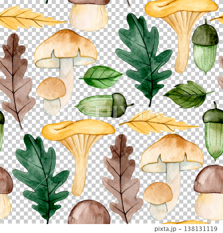 Seamless pattern with autumn leaves, mushrooms and acorns. Watercolor print. Seamless pattern with autumn leaves, mushrooms and acorns. Watercolor print. 138131119