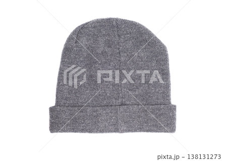 Grey winter beanie hat isolated on white background. Grey winter beanie hat isolated on white background. 138131273
