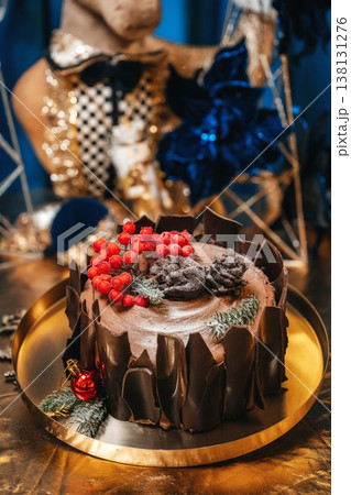 Dark Chocolate Cake With Currants And Chocolate Shards, Rich Ganache Pinecone Detail Moody Tabletop. Dark Chocolate Cake With Currants And Chocolate Shards, Rich Ganache Pinecone Detail Moody Tabletop. 138131276