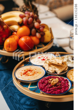 Refined Mix Of Fruits And Dips. Stylish Brunch Offering With Fresh Fruits And Condiments 138131286