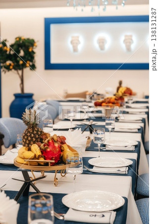 Gourmet Spread With Vibrant Ambiance. Decorative Banquet Arrangement With Colorful Fruit Displays Gourmet Spread With Vibrant Ambiance. Decorative Banquet Arrangement With Colorful Fruit Displays 138131287