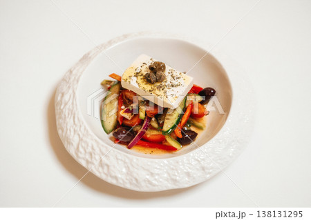 Visually Stunning Plate Featuring Charred Feta And Medley Of Flavorful Roasted Vegetables Visually Stunning Plate Featuring Charred Feta And Medley Of Flavorful Roasted Vegetables 138131295