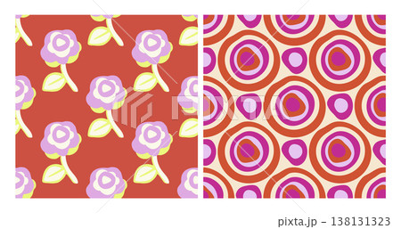 Vector set of two vibrant abstract minimalistic patterns. Bright orange, pink, light green and creamy colors Vector set of two vibrant abstract minimalistic patterns. Bright orange, pink, light green and creamy colors 138131323