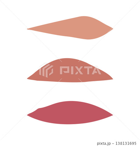 Three distinct lipstick swatches arranged horizontally on a pure white background. Each swatch displays a unique cosmetic hue, ranging from a light nude to a deeper berry tone. Three distinct lipstick swatches arranged horizontally on a pure white background. Each swatch displays a unique cosmetic hue, ranging from a light nude to a deeper berry tone. 138131695