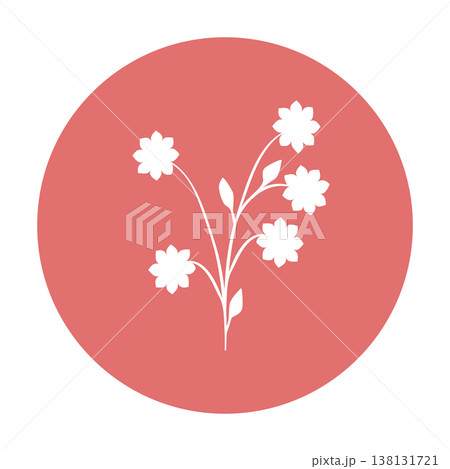 A stylized white cutout of flowers and leaves is centered within a solid coral circle. This minimalist graphic presents a simple botanical design, ideal for an icon or decoration. A stylized white cutout of flowers and leaves is centered within a solid coral circle. This minimalist graphic presents a simple botanical design, ideal for an icon or decoration. 138131721