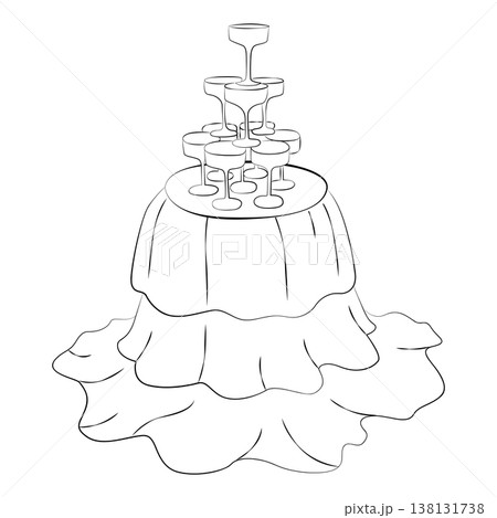 Hand-drawn wedding party decor elements such as champagne tower and round table in rococo style, composition for cards, invitation Hand-drawn wedding party decor elements such as champagne tower and round table in rococo style, composition for cards, invitation 138131738