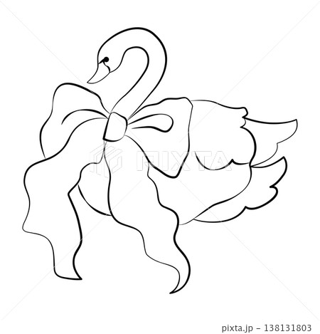 Hand-drawn romantic swan illustration with a bow for wedding decor, cards or invitation in modern line art style 138131803
