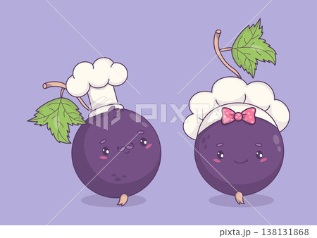 Cute Chef Blackcurrant Couple . Berry Currant Kawaii Cartoon Mascot Man and Girl with Cook Hat. Isolated Funny Character for Kitchen, Menu and Restaurant Design. Vector illustration Cute Chef Blackcurrant Couple . Berry Currant Kawaii Cartoon Mascot Man and Girl with Cook Hat. Isolated Funny Character for Kitchen, Menu and Restaurant Design. Vector illustration 138131868