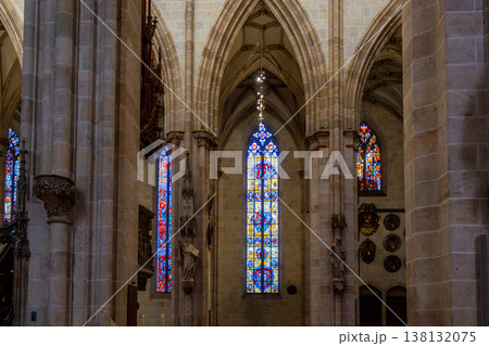 Interior view of Ulm Cathedral in Germany. Features ornate ceiling, detailed stone carvings, and stained glass windows. Gothic architecture highlights Interior view of Ulm Cathedral in Germany. Features ornate ceiling, detailed stone carvings, and stained glass windows. Gothic architecture highlights 138132075