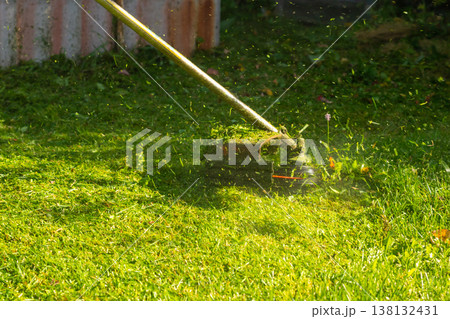 Grass trimmer cutting lawn close up. Line trimmer in action mowing green grass. Gardening equipment for yard maintenance and landscaping work. Power tool for lawn care at sunny summer day. Grass trimmer cutting lawn close up. Line trimmer in action mowing green grass. Gardening equipment for yard maintenance and landscaping work. Power tool for lawn care at sunny summer day. 138132431