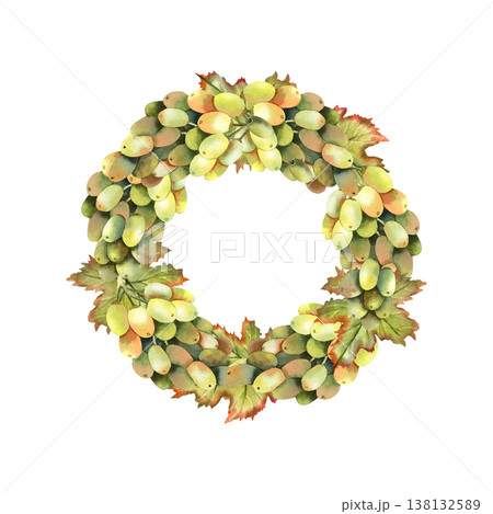 Green grapes bunch wreath. Watercolor fresh vine, foliage leaves frame with copy space. Template isolated on transparent background illustration. For labels, restaurant menu or decor, oil packaging 138132589