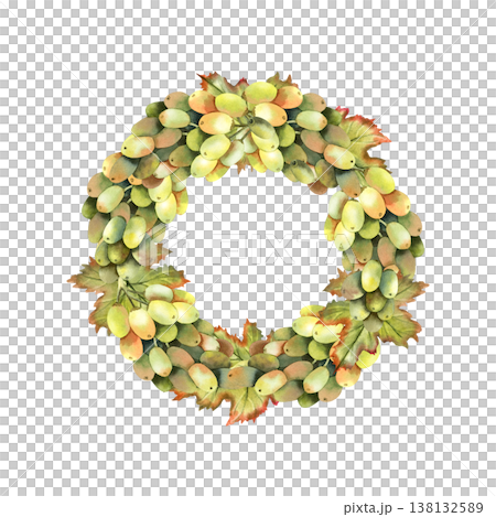 Green grapes bunch wreath. Watercolor fresh vine, foliage leaves frame with copy space. Template isolated on transparent background illustration. For labels, restaurant menu or decor, oil packaging 138132589