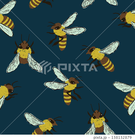 Hand drawn seamless pattern with chalky texture bees. Organic design with detailed honeybees Hand drawn seamless pattern with chalky texture bees. Organic design with detailed honeybees 138132879