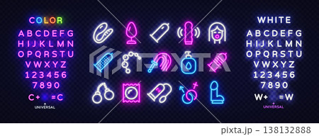 Luminous neon letters with adult accessories icons arranged in a stylish composition. Modern vector collection with alphabet, numbers and glowing elements for creative nightlife design. 138132888