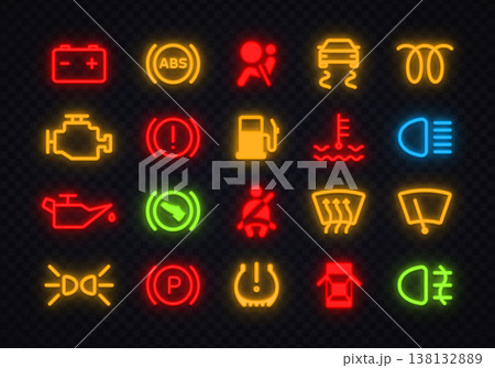 Neon car dashboard icon set with colorful warning symbols and glowing indicators. Bright automotive elements for battery, engine, lights and safety systems. Perfect for vehicle interface 138132889