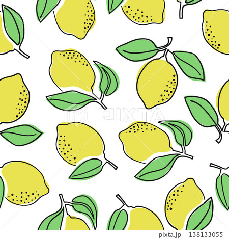 Seamless lemons pattern. Minimal one line citrus lemon fruit vector illustration Seamless lemons pattern. Minimal one line citrus lemon fruit vector illustration 138133055