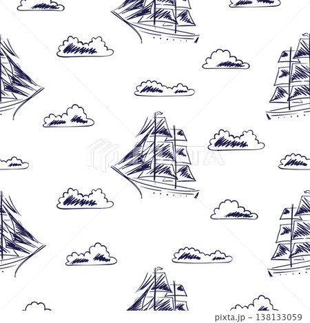 Seamless sailing yacht sketch pattern. Vector sea background with boats and clouds 138133059