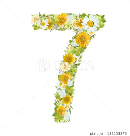 数字の7の押し花素材 黄色と白の花を敷き詰めたボタニカルナンバー 背景透過PNG 138133376
