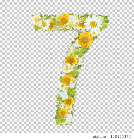 数字の7の押し花素材 黄色と白の花を敷き詰めたボタニカルナンバー 背景透過PNG 138133376