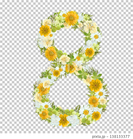Pressed flower design of the number 8, featuring yellow and white flowers in a botanical style. Transparent PNG background. Pressed flower design of the number 8, featuring yellow and white flowers in a botanical style. Transparent PNG background. 138133377