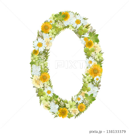 数字の0の押し花素材 黄色と白の花を敷き詰めたボタニカルナンバー 背景透過PNG 138133379
