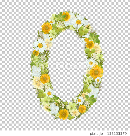数字の0の押し花素材 黄色と白の花を敷き詰めたボタニカルナンバー 背景透過PNG 138133379