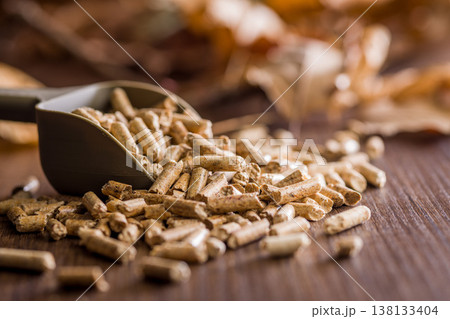 Scoop of Wood Pellets Spilled on Table for Biomass Fuel and Home Heating Sustainable Energy Scoop of Wood Pellets Spilled on Table for Biomass Fuel and Home Heating Sustainable Energy 138133404