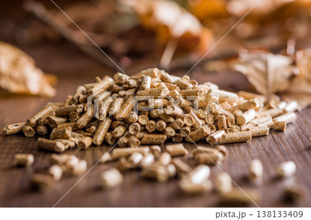 Wood Pellets Pile for Biofuel Heating and Renewable Energy Closeup on Rustic Wooden Surface Wood Pellets Pile for Biofuel Heating and Renewable Energy Closeup on Rustic Wooden Surface 138133409