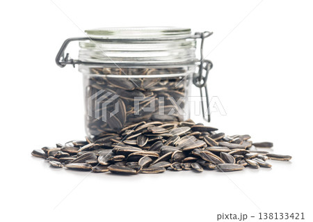 Glass Jar Filled With Sunflower Seeds On White Background. Closeup Healthy Snack 138133421
