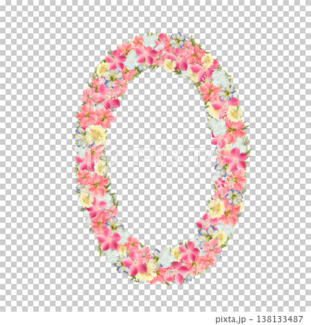 Pressed flower design of the number 0, featuring pink and blue flowers in a botanical style. Transparent PNG background. Pressed flower design of the number 0, featuring pink and blue flowers in a botanical style. Transparent PNG background. 138133487