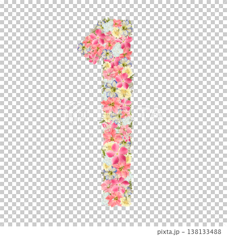 以粉紅色和藍色花朵為特色的植物風格壓花數字“1”設計。透明PNG背景。 138133488