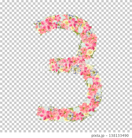 Pressed flower design of the number 3, featuring a botanical arrangement of pink and blue flowers. Transparent PNG background. Pressed flower design of the number 3, featuring a botanical arrangement of pink and blue flowers. Transparent PNG background. 138133490