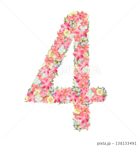 数字の4の押し花素材 ピンクとブルーの花を敷き詰めたボタニカルナンバー 背景透過PNG 138133491