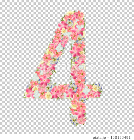 数字の4の押し花素材 ピンクとブルーの花を敷き詰めたボタニカルナンバー 背景透過PNG 138133491