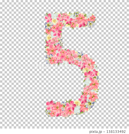 Pressed flower design of the number 5, featuring a botanical arrangement of pink and blue flowers. Transparent PNG background. Pressed flower design of the number 5, featuring a botanical arrangement of pink and blue flowers. Transparent PNG background. 138133492