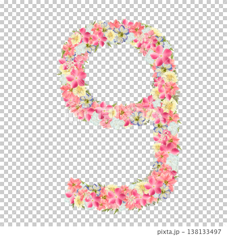 以粉紅色和藍色花朵為特色的植物風格壓花數位9設計。透明PNG背景。 138133497