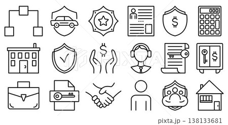 Insurance and finance black line icon set. Monochrome outline fintech pictogram collection, isolated banking and loan signs 138133681