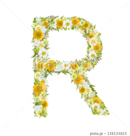アルファベットのRの押し花素材 黄色と緑の花を敷き詰めたボタニカル文字 背景透過PNG 138133823