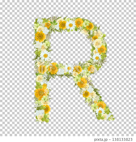アルファベットのRの押し花素材 黄色と緑の花を敷き詰めたボタニカル文字 背景透過PNG 138133823