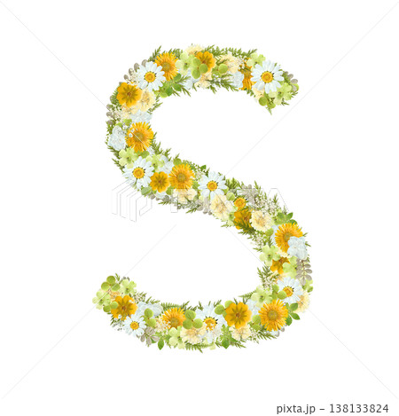 アルファベットのSの押し花素材 黄色と緑の花を敷き詰めたボタニカル文字 背景透過PNG アルファベットのSの押し花素材 黄色と緑の花を敷き詰めたボタニカル文字 背景透過PNG 138133824