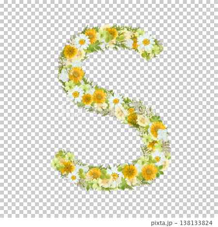 アルファベットのSの押し花素材 黄色と緑の花を敷き詰めたボタニカル文字 背景透過PNG アルファベットのSの押し花素材 黄色と緑の花を敷き詰めたボタニカル文字 背景透過PNG 138133824