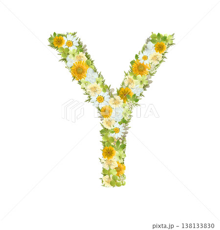 アルファベットのYの押し花素材 黄色と緑の花を敷き詰めたボタニカル文字 背景透過PNG アルファベットのYの押し花素材 黄色と緑の花を敷き詰めたボタニカル文字 背景透過PNG 138133830