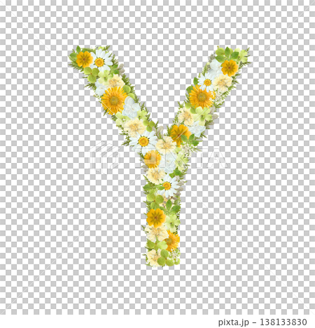 アルファベットのYの押し花素材 黄色と緑の花を敷き詰めたボタニカル文字 背景透過PNG アルファベットのYの押し花素材 黄色と緑の花を敷き詰めたボタニカル文字 背景透過PNG 138133830