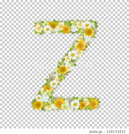 アルファベットのZの押し花素材 黄色と緑の花を敷き詰めたボタニカル文字 背景透過PNG アルファベットのZの押し花素材 黄色と緑の花を敷き詰めたボタニカル文字 背景透過PNG 138133831