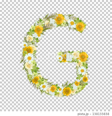 Pressed flower design of the letter G, featuring yellow and green flowers in a botanical style. Transparent PNG background. 138133838