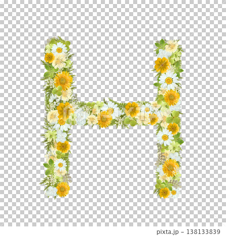 アルファベットのHの押し花素材 黄色と緑の花を敷き詰めたボタニカル文字 背景透過PNG アルファベットのHの押し花素材 黄色と緑の花を敷き詰めたボタニカル文字 背景透過PNG 138133839