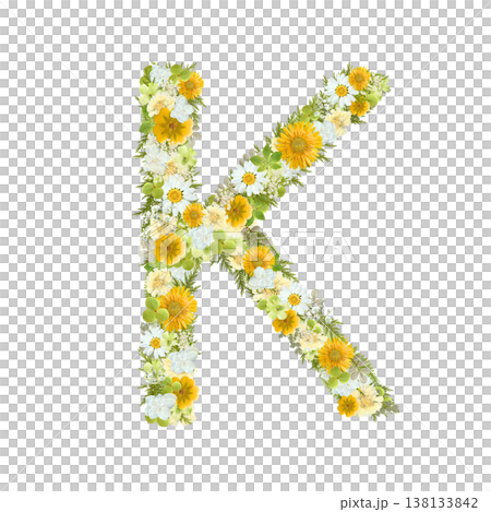 アルファベットのKの押し花素材 黄色と緑の花を敷き詰めたボタニカル文字 背景透過PNG 138133842