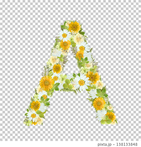 Pressed flower design of the letter A, featuring a botanical arrangement of yellow and green flowers. Transparent PNG background. 138133848