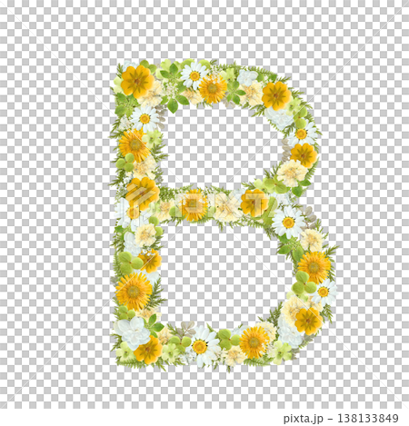 アルファベットのBの押し花素材 黄色と緑の花を敷き詰めたボタニカル文字 背景透過PNG アルファベットのBの押し花素材 黄色と緑の花を敷き詰めたボタニカル文字 背景透過PNG 138133849