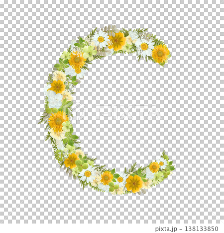 アルファベットのCの押し花素材 黄色と緑の花を敷き詰めたボタニカル文字 背景透過PNG 138133850